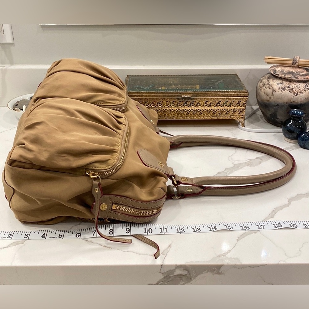 MZ Wallace Leather Trimmed Nylon Shoulder Bag, Tan/Burgandy-Edged GUC - Picture 16 of 17